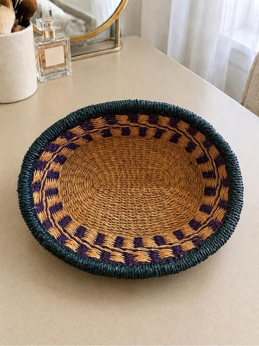Handwoven Natural Seagrass Decorative Bowl with Purple and Dark Green Accents